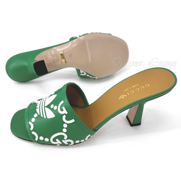 NEW GUCCI x ADIDAS GG Trefoil Logo Green Leather Heel Sandal Pump EU 39.5 US 9.5 - Picture 10 of 11